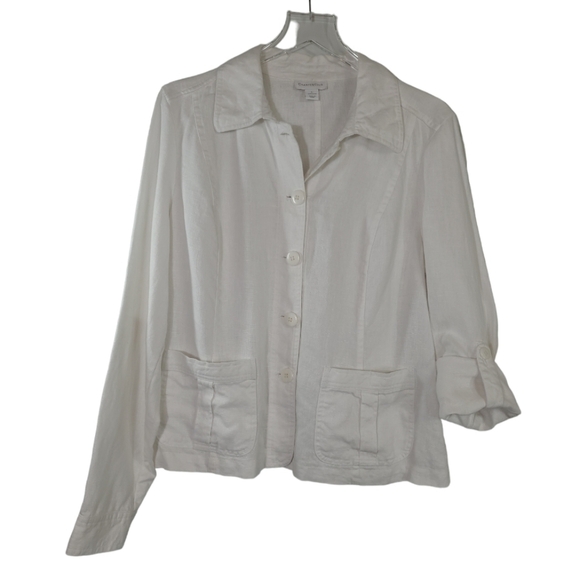 CHARTER Club 100% Linen Button Down Roll Tab Sleeve Shirt Jacket White Shacket - Picture 1 of 7